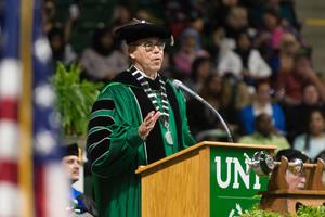 Primary view of object titled '[UNT President Neal Smatresk Giving Speech at Commencement Ceremony]'.