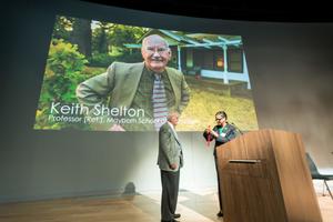 Primary view of object titled '[Retired Professor Keith Shelton being awarded a medal]'.
