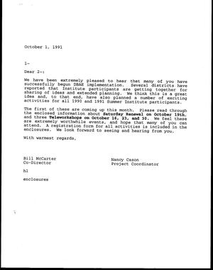 Primary view of object titled '[Letter template from Bill McCarter and Nancy Cason, October 1, 1991]'.