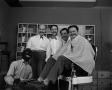 Photograph: [Five men on barbershop set, one in blackface]