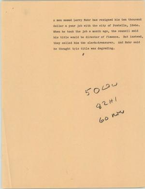 Primary view of object titled '[News Script: Clerk-treasurer resigns]'.