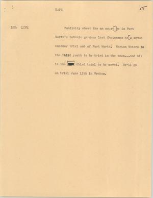 Primary view of object titled '[News Script: Botanic garden massacre publicity issues]'.