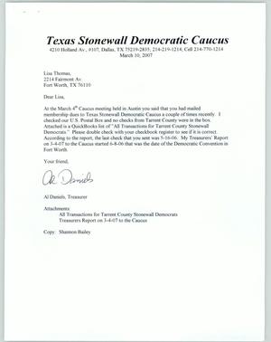 Primary view of object titled '[Letter to Lisa Thomas from Al Daniels regarding membership dues]'.