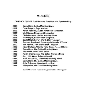 Primary view of object titled '[Winners of the Fred Hartman Excellence in Sportswriting Award]'.