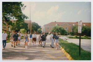 Primary view of object titled '[Photograph of students on campus street]'.