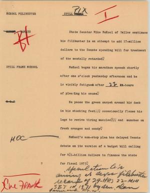 Primary view of object titled '[News Script: McKool filibuster]'.
