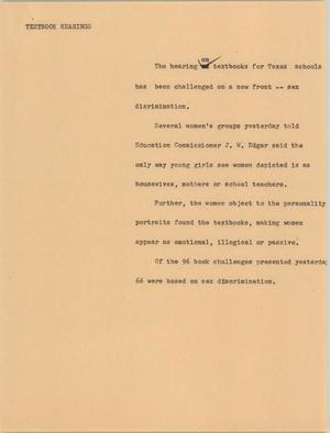Primary view of object titled '[News Script: Textbook hearings]'.