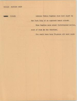 Primary view of object titled '[News Script: Miriam Hopkins obit]'.