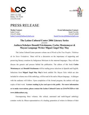 Primary view of object titled '[Latino Cultural Center Press Release, Authors/Scholars presentation]'.