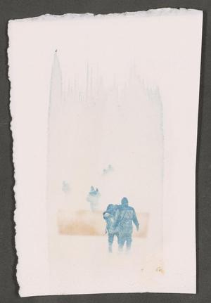 Primary view of object titled '[Numerous individuals walking through snow]'.