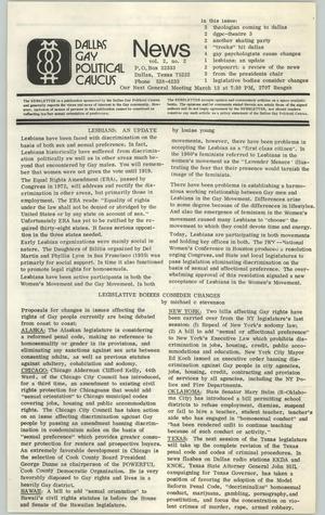 Primary view of object titled '[Dallas Gay Political Caucus News, Volume 2, Number 2, February]'.