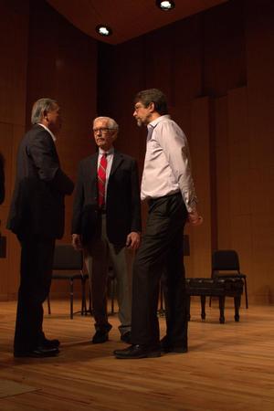 Primary view of object titled '[James Scott and Jeffrey Bradetich talking to man at the College of Music Event]'.
