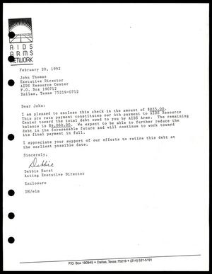 Primary view of object titled '[Letter from Debbie Hurst to Jon Thomas, February 20, 1992]'.