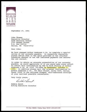 Primary view of object titled '[Letter from Debbie Hurst to John Thomas, September 27, 1991]'.