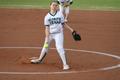 Photograph: [Ashley Lail pitches at UNT softball game]
