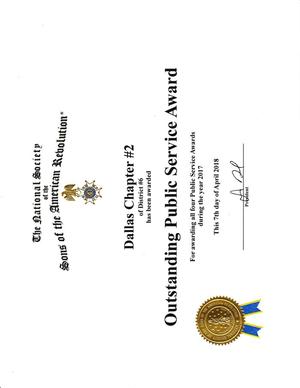 Primary view of object titled '[2017 Outstanding Public Service Certificate awarded to TXSSAR Dallas Chapter #2]'.