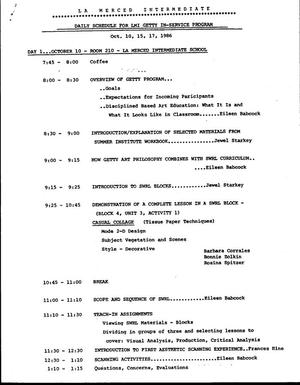 Primary view of object titled 'Daily schedule for LMI Getty In-Service Program Oct. 10, 15, 17, 1986'.