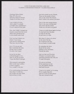Primary view of object titled 'Lone Star Ride 2003 Closing Ceremonies Poem'.