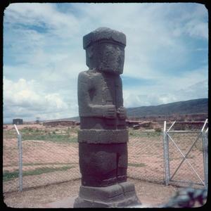 Primary view of object titled '[Statue of a standing humanoid in Tihuanaco]'.