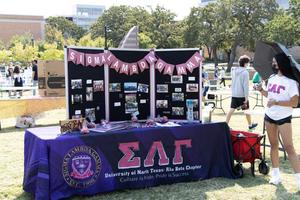 Primary view of object titled '[Table and poster board from Sigma Lambda Gamma National Sorority]'.