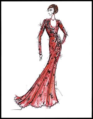 Primary view of object titled '[Sketch created by Michael Faircloth of a red dress for Laura Bush's inauguration]'.