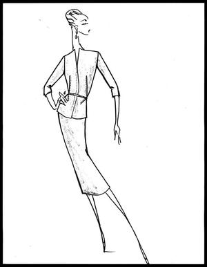 Primary view of object titled '[Sketch created by Michael Faircloth of a top and skirt with a belt]'.