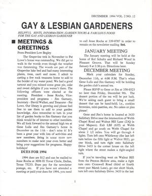 Primary view of object titled 'Gay and Lesbian Gardeners, Volume 2, Number 12, December 1994'.