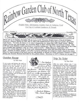 Primary view of object titled 'Rainbow Garden Club of North Texas Newsletter, Volume 5, Number 11, November 1997'.