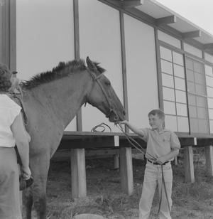Primary view of object titled '[Danny Citron holding a horse's reins]'.