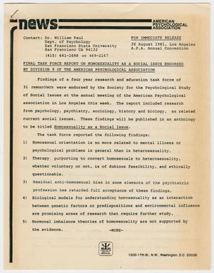 Primary view of object titled '[Press Release: Report on Homosexuality as a Social Issue]'.