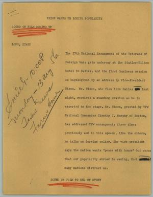 Primary view of object titled '[News Script: Nixon Warns U.S. Losing Popularity]'.