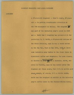 Primary view of object titled '[News Script: Doughboy Preserves 1918 Model Doughnut]'.