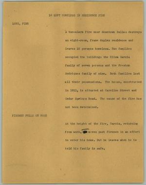 Primary view of object titled '[News Script: 16 Left Homeless in Residence Fire]'.