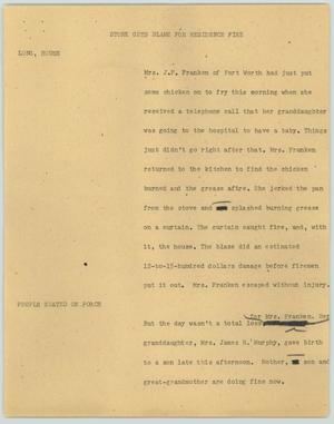 Primary view of object titled '[News Script: Stork Gets Blamed for Residence Fire]'.