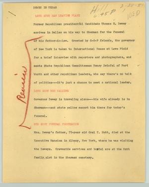 Primary view of object titled '[News Script: Dewey in Texas]'.