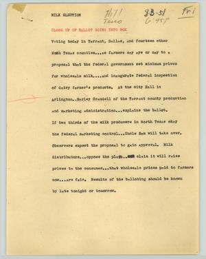 Primary view of object titled '[News Script: Milk election]'.