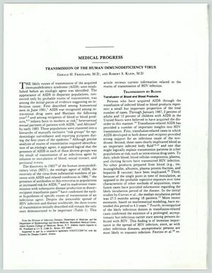 Primary view of object titled '[Journal Article: Transmission of the Human Immunodeficiency Virus]'.