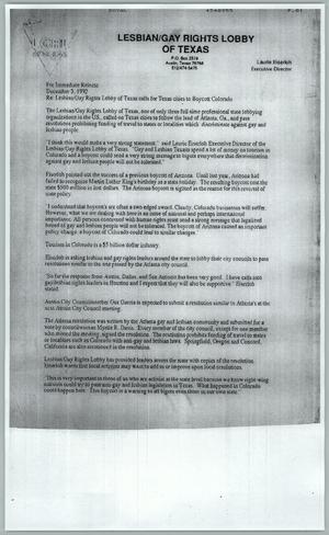 Primary view of object titled '[Press Release: Lesbian/ Gay Rights Lobby of Texas]'.