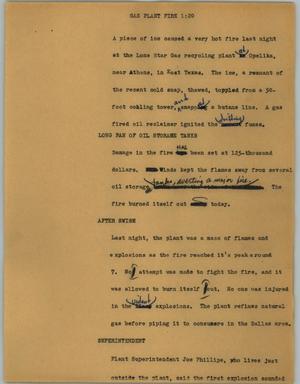 Primary view of object titled '[News Script: Gas plant fire]'.