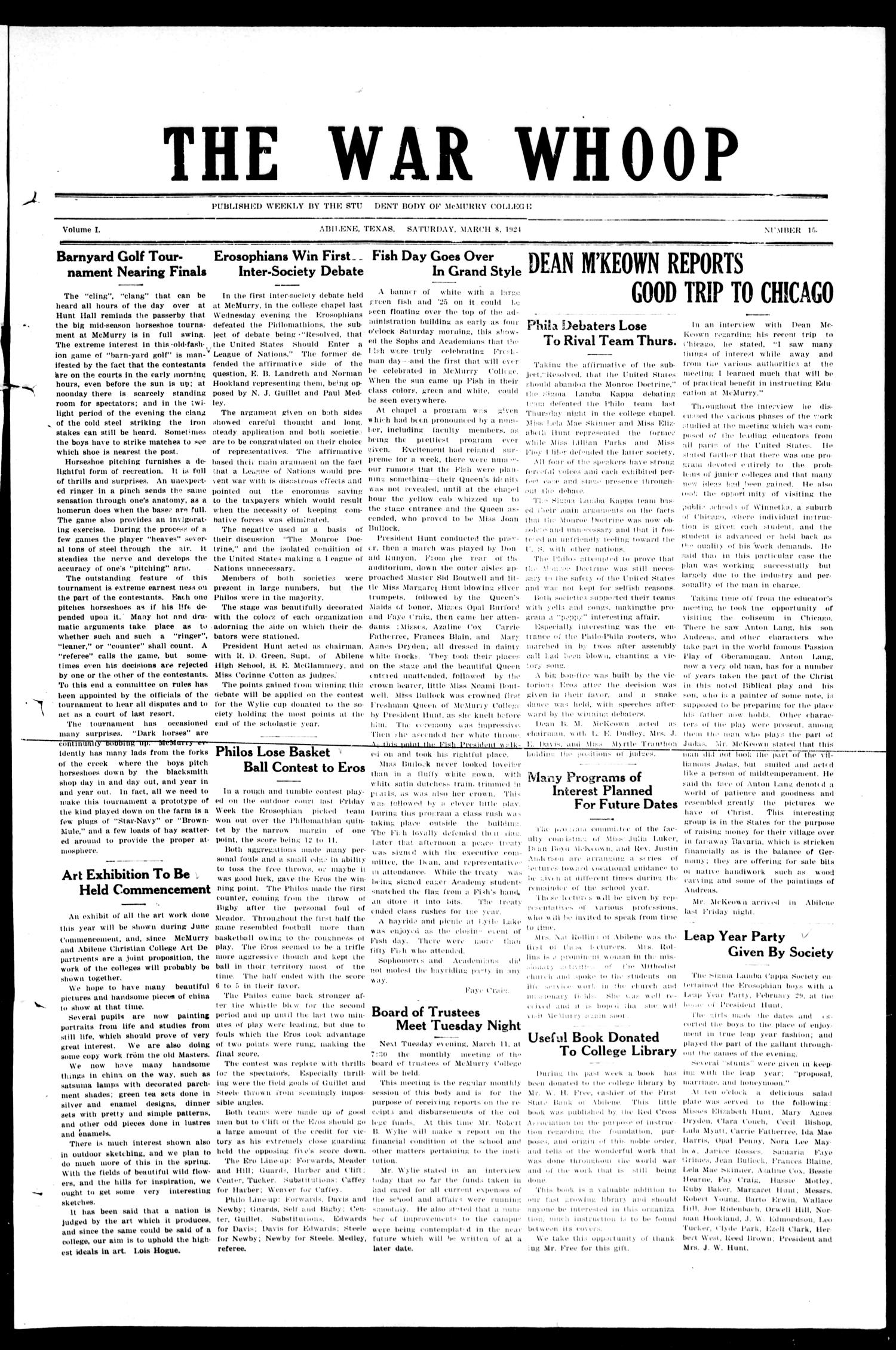 The War-Whoop (Abilene, Tex.), Vol. 1, No. 15, Ed. 1, Saturday, March 8, 1924
                                                
                                                    [Sequence #]: 1 of 4
                                                