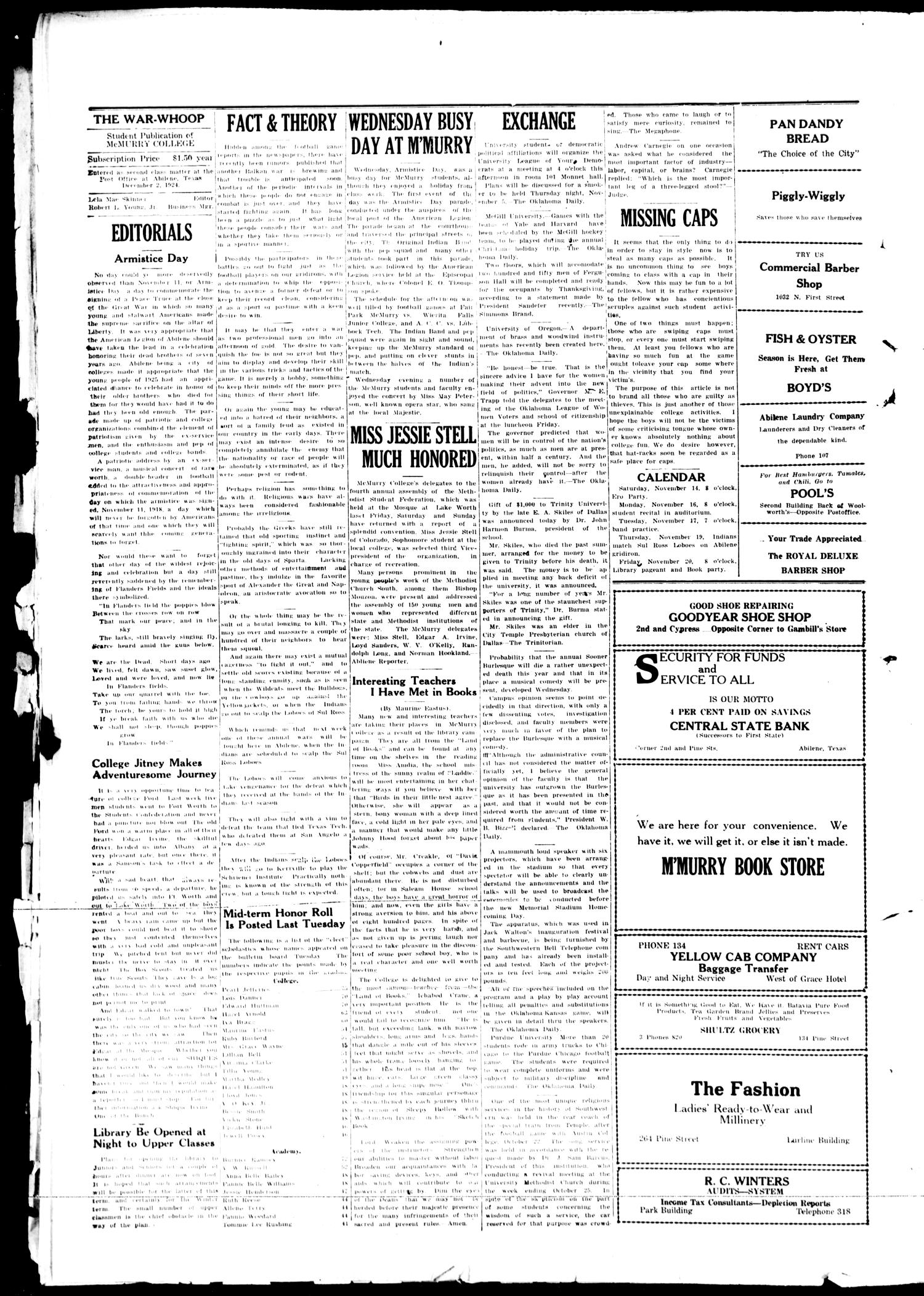 The War-Whoop (Abilene, Tex.), Vol. 3, No. 9, Ed. 1, Saturday, November 14, 1925
                                                
                                                    [Sequence #]: 2 of 4
                                                