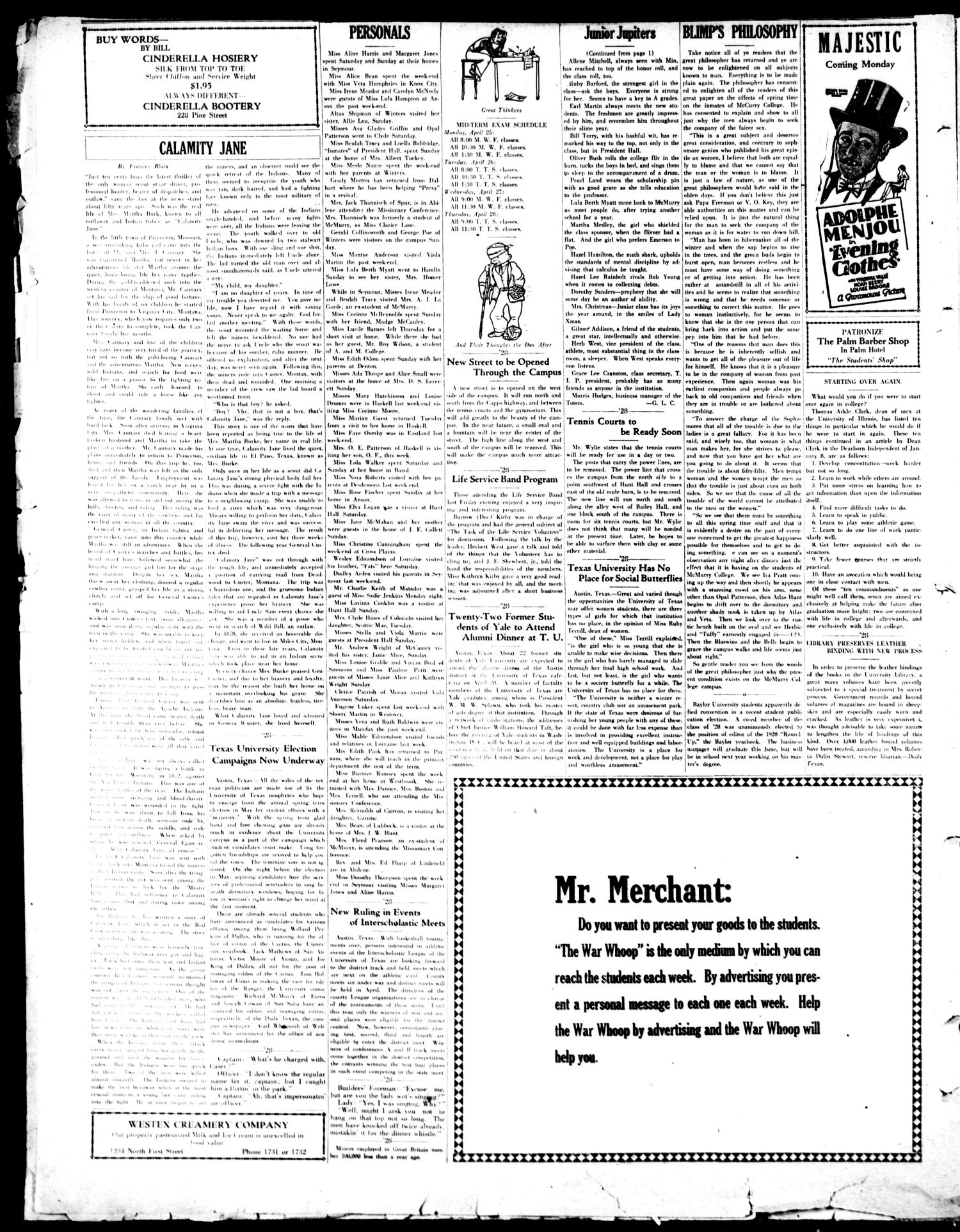McMurry War Whoop (Abilene, Tex.), Vol. 4, No. 27, Ed. 1, Thursday, April 21, 1927
                                                
                                                    [Sequence #]: 4 of 4
                                                