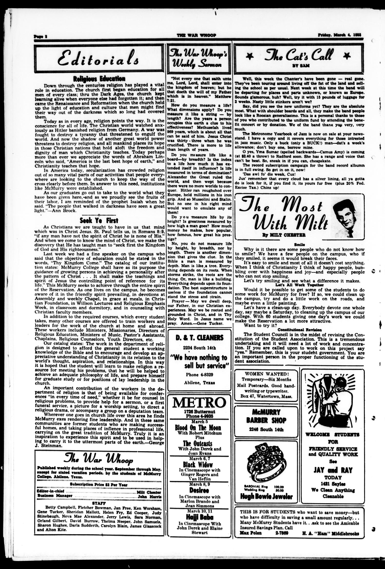 The War Whoop (Abilene, Tex.), Vol. 32, No. 20, Ed. 1, Friday, March 4, 1955
                                                
                                                    [Sequence #]: 2 of 4
                                                