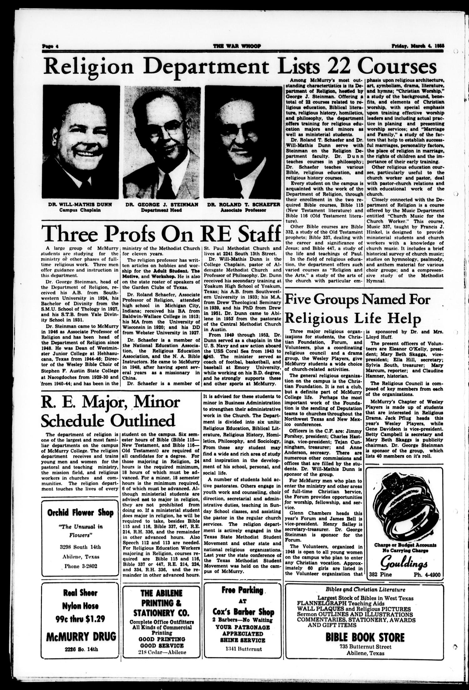 The War Whoop (Abilene, Tex.), Vol. 32, No. 20, Ed. 1, Friday, March 4, 1955
                                                
                                                    [Sequence #]: 4 of 4
                                                