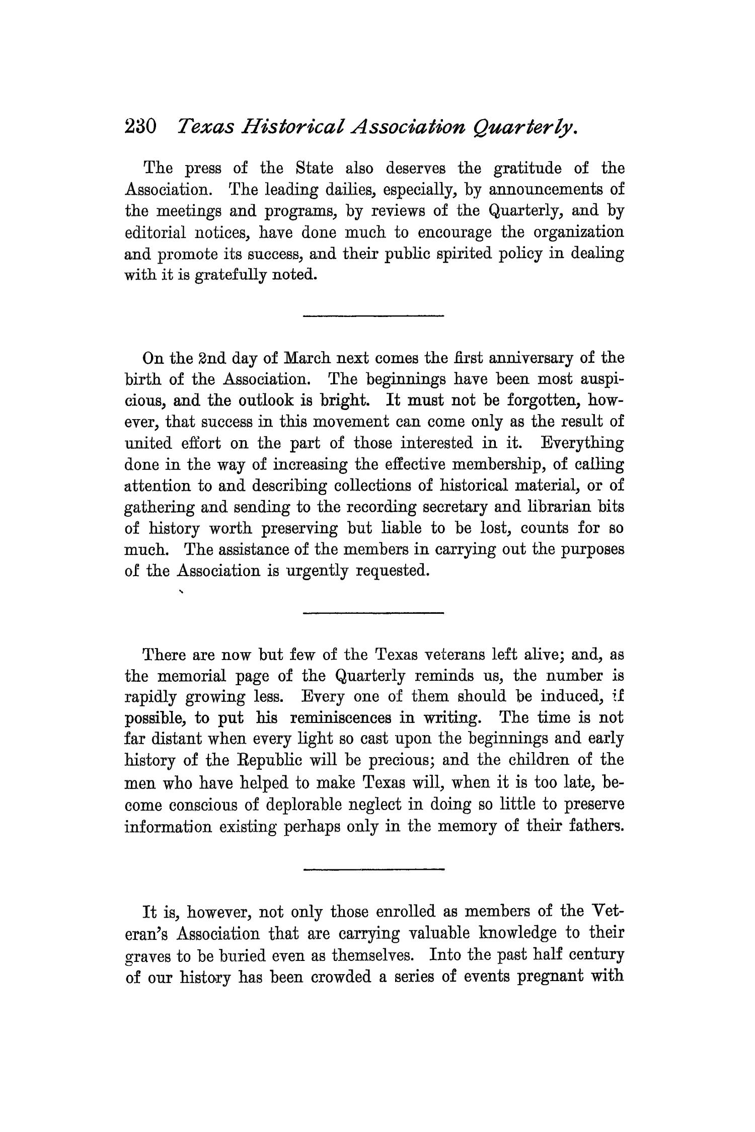 The Quarterly of the Texas State Historical Association, Volume 1, July 1897 - April, 1898
                                                
                                                    230
                                                