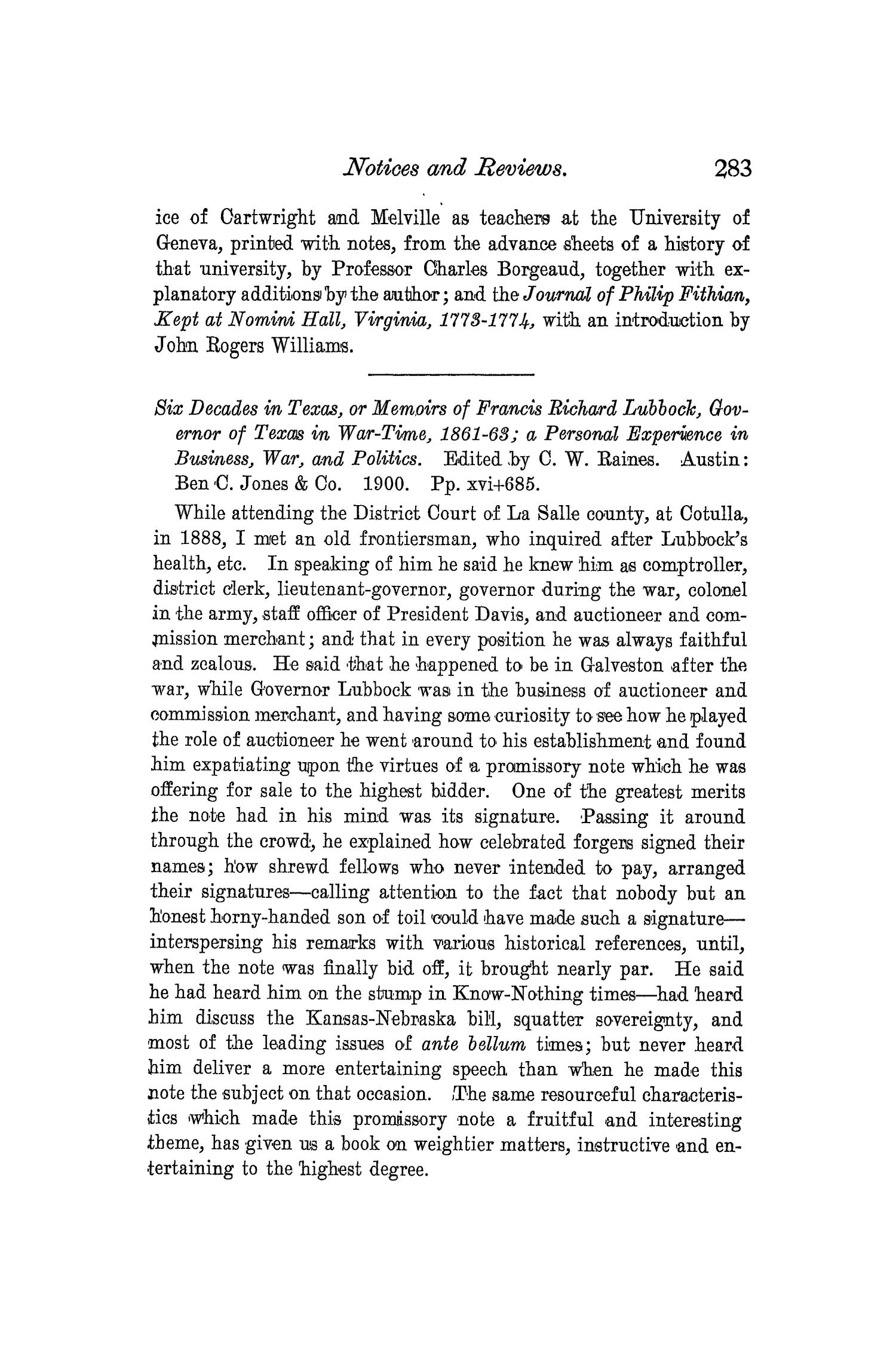 The Quarterly of the Texas State Historical Association, Volume 3, July 1899 - April, 1900
                                                
                                                    283
                                                