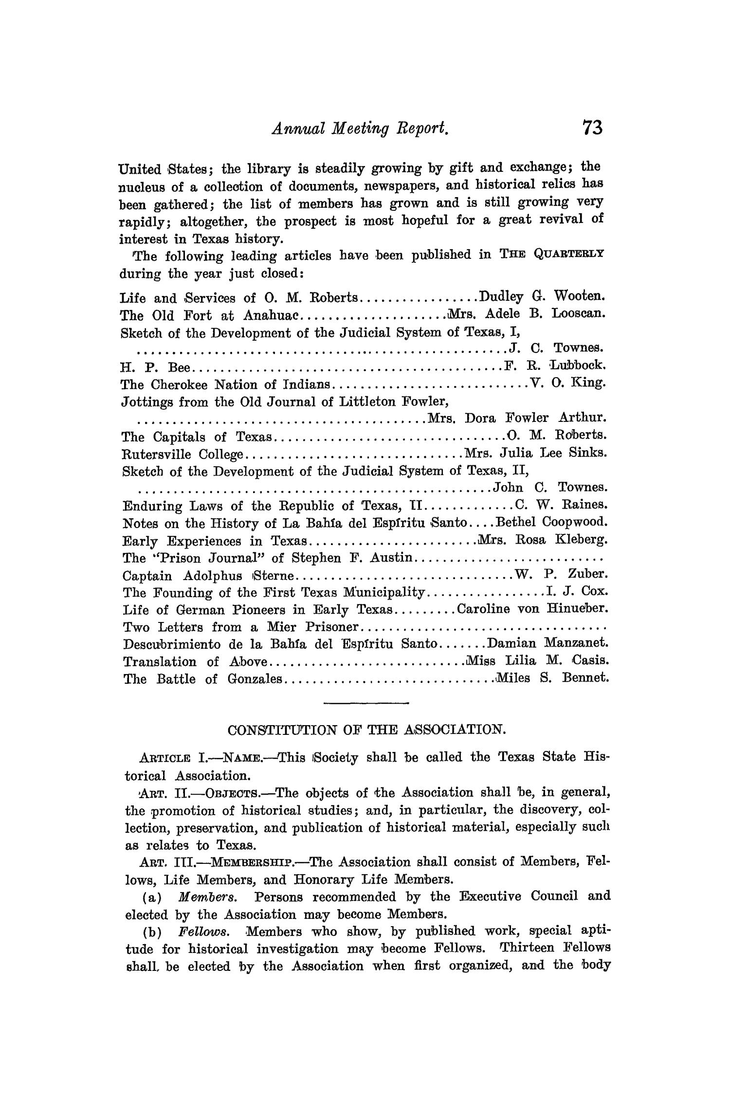 The Quarterly of the Texas State Historical Association, Volume 3, July 1899 - April, 1900
                                                
                                                    73
                                                