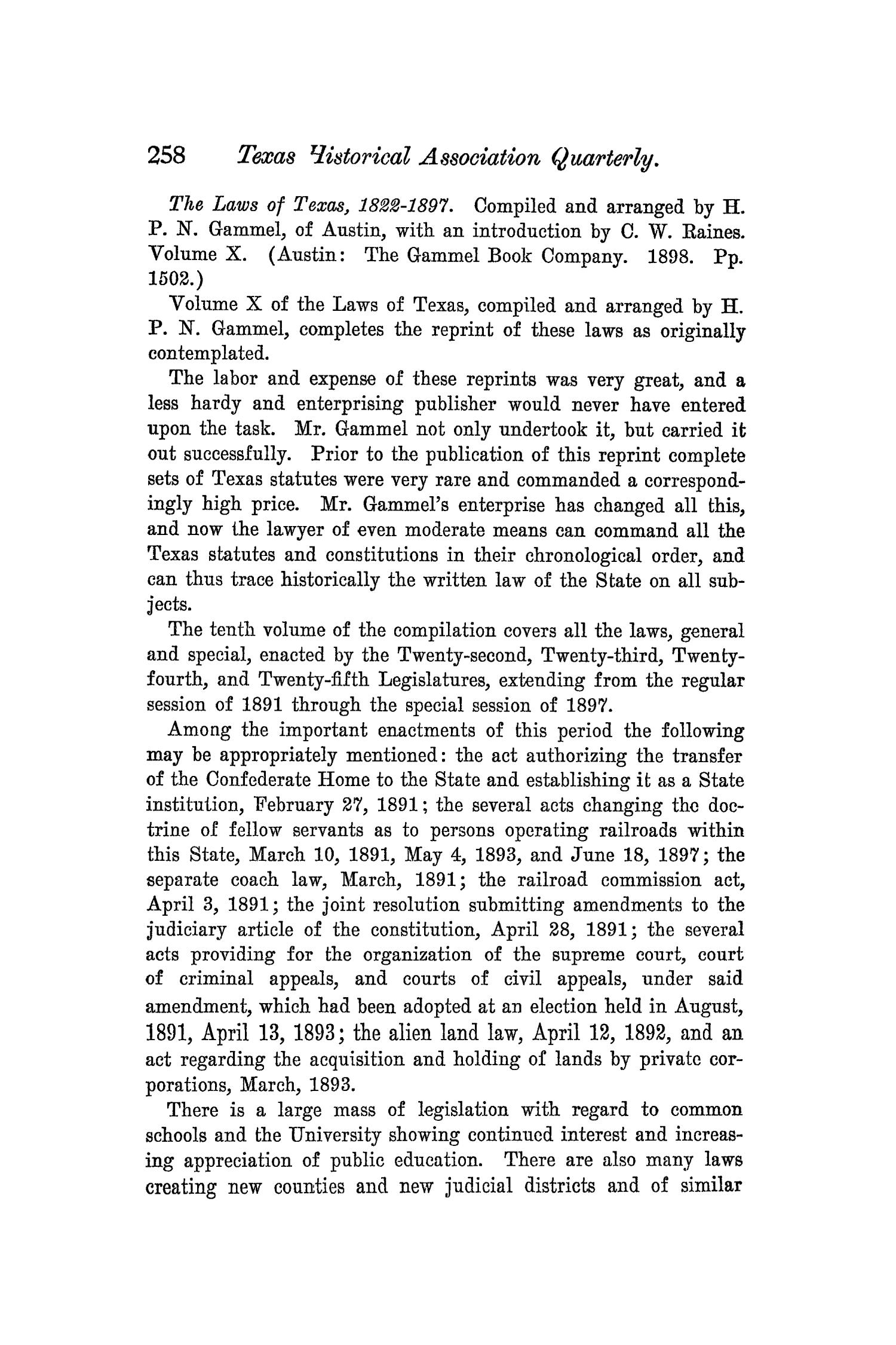 The Quarterly of the Texas State Historical Association, Volume 5, July 1901 - April, 1902
                                                
                                                    258
                                                