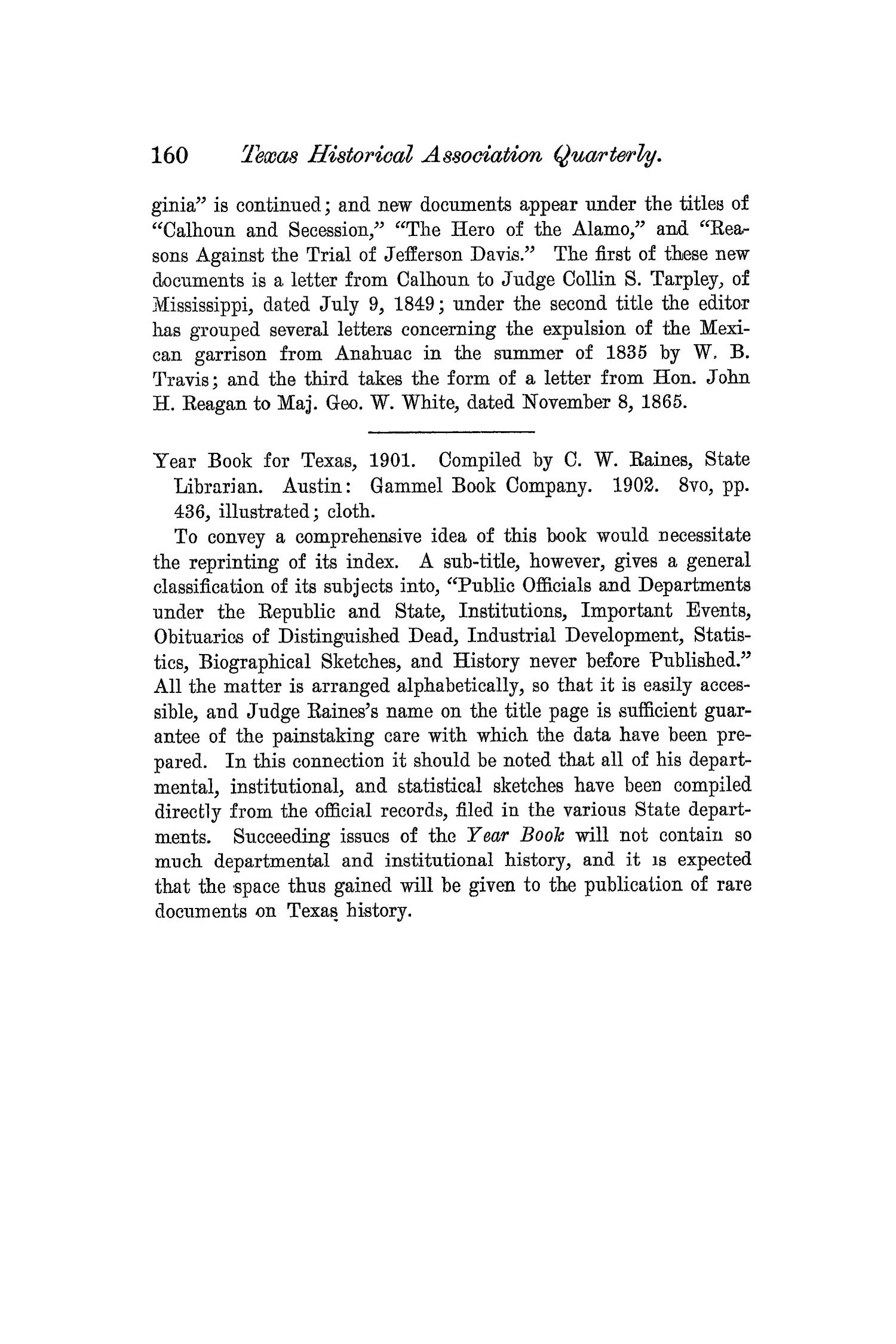 The Quarterly of the Texas State Historical Association, Volume 6, July 1902 - April, 1903
                                                
                                                    160
                                                
