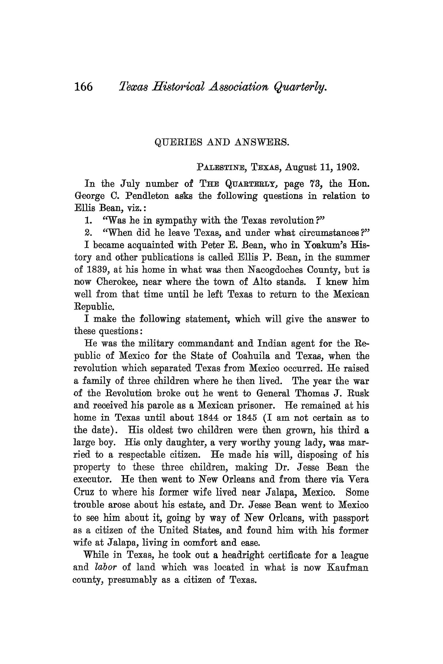 The Quarterly of the Texas State Historical Association, Volume 6, July 1902 - April, 1903
                                                
                                                    166
                                                